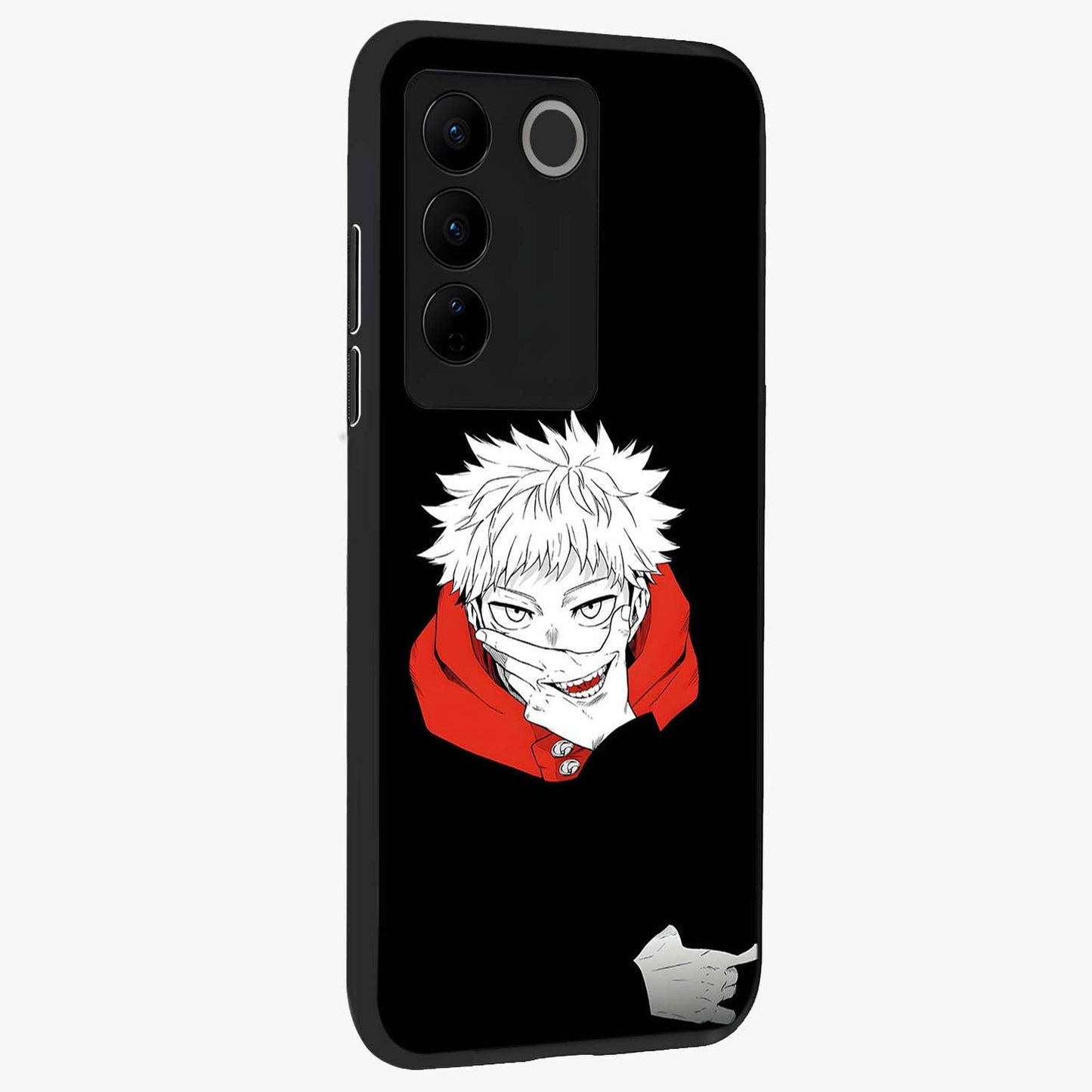 Crimson Chaos Smile Glass Case upright view showcasing expressive chaotic artwork with striking visual theme.