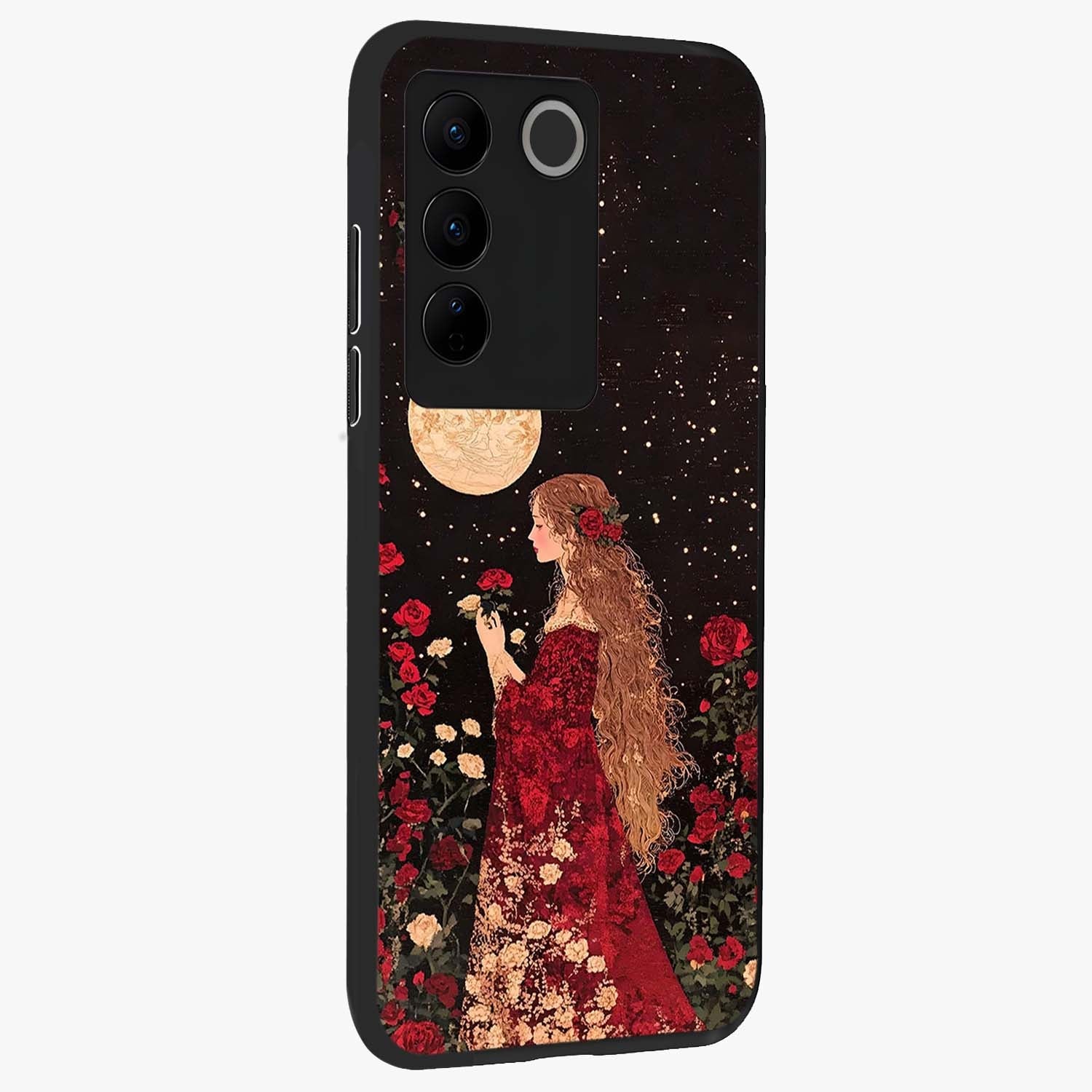 Crimson Dreams Glass Case upright view showcasing dreamy red toned artwork with modern aesthetic style.