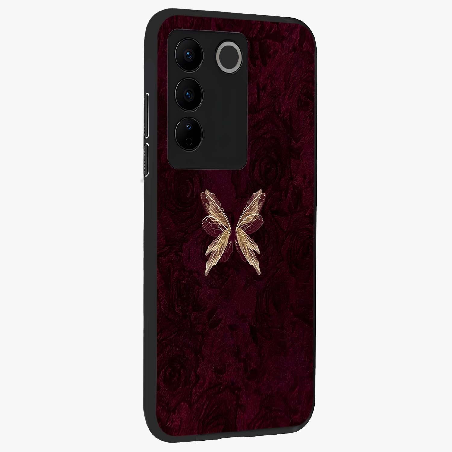 Crimson Fade Butterfly Glass Case upright view showcasing graceful butterfly artwork with soft crimson fade effect.