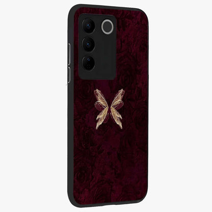 Crimson Fade Butterfly Glass Case upright view showcasing graceful butterfly artwork with soft crimson fade effect.