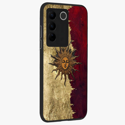 Crimson Sun Majesty Glass Case upright view showcasing vibrant sun artwork with powerful celestial theme.