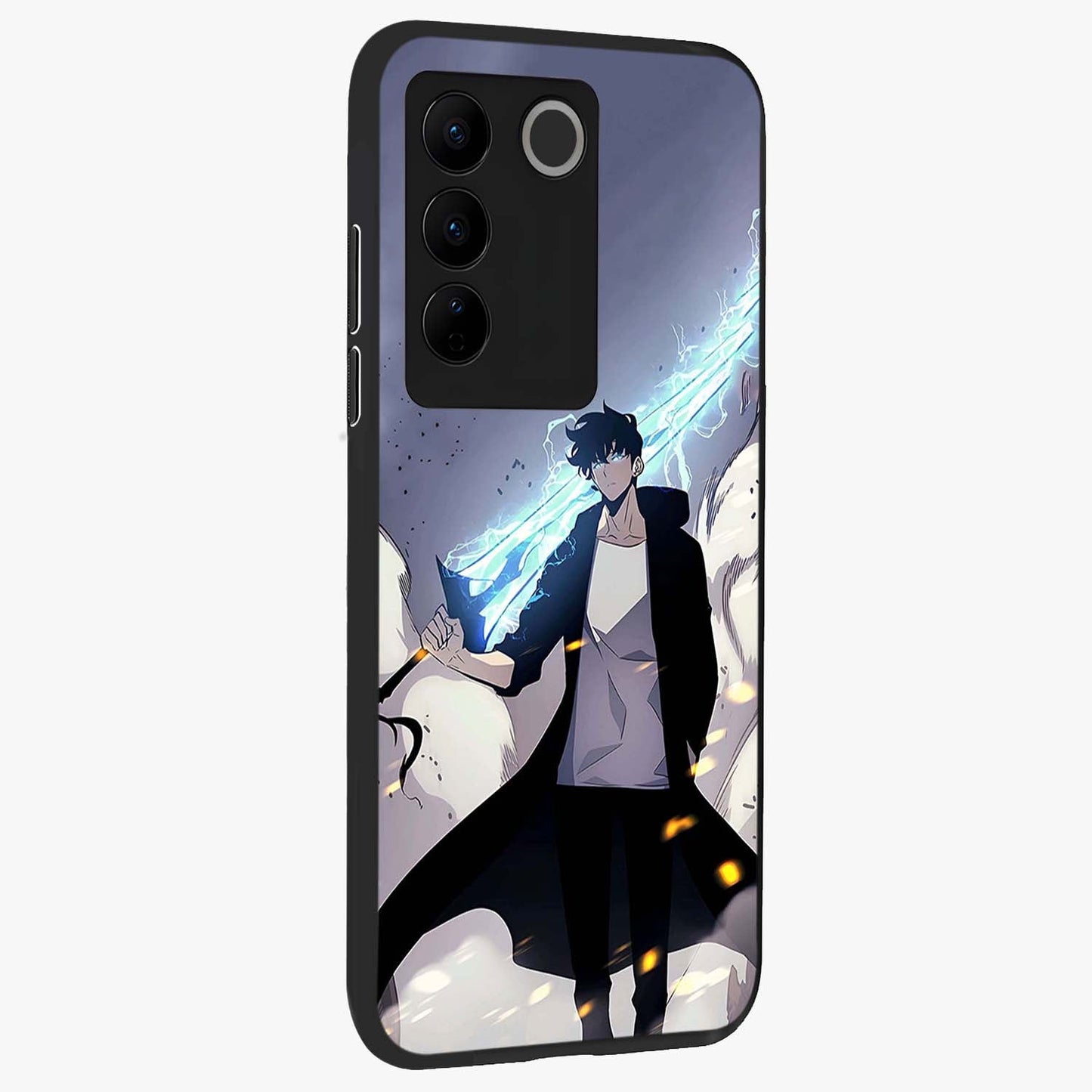 Dark Lightning Anime Warrior Glass Case upright view showcasing dramatic warrior artwork with dark lightning aesthetic.