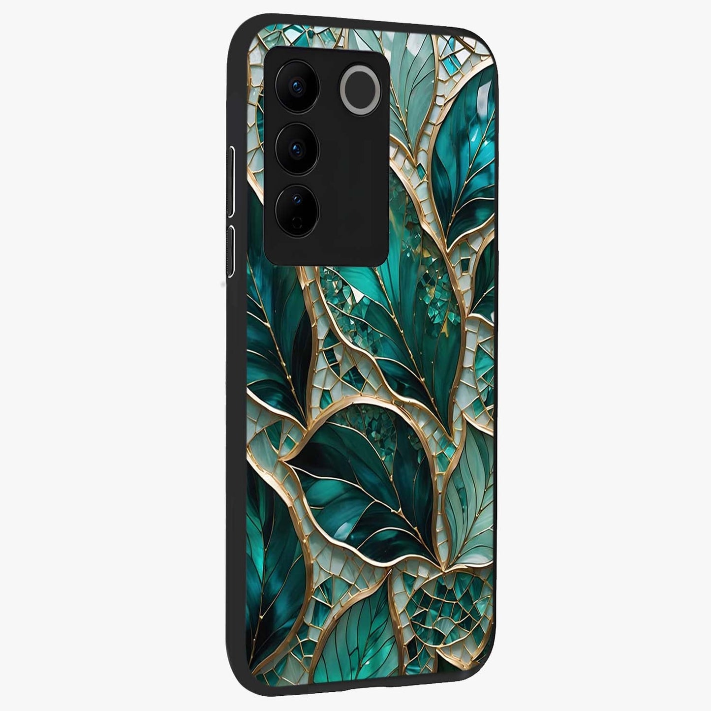 Emerald Leaf Glass Glass Case upright view showcasing fresh green leaf artwork with calming nature inspired style.
