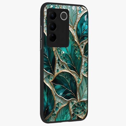 Emerald Leaf Glass Glass Case upright view showcasing fresh green leaf artwork with calming nature inspired style.