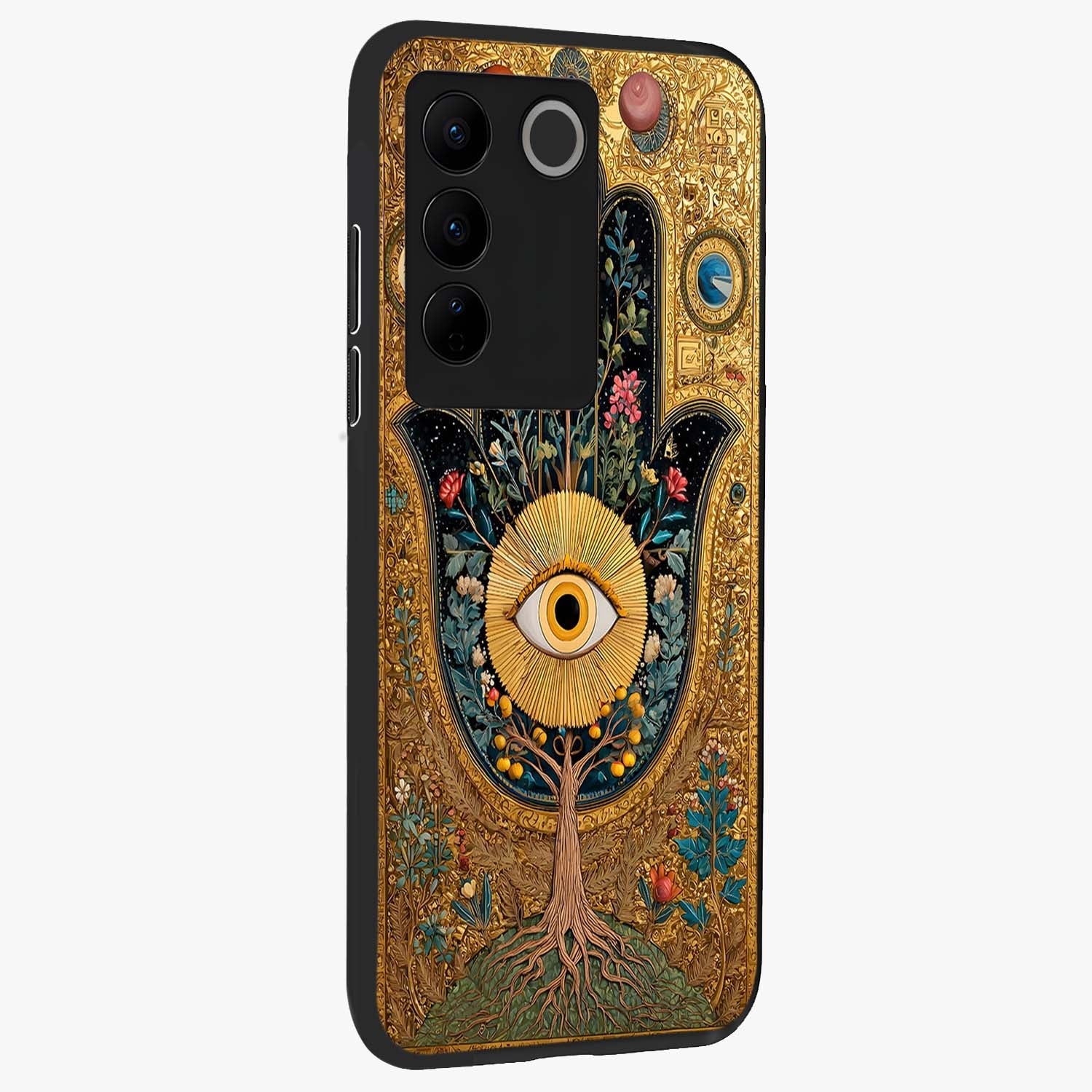 Ethereal Evil Eye Glass Case upright view showcasing celestial evil eye artwork with mystical theme.