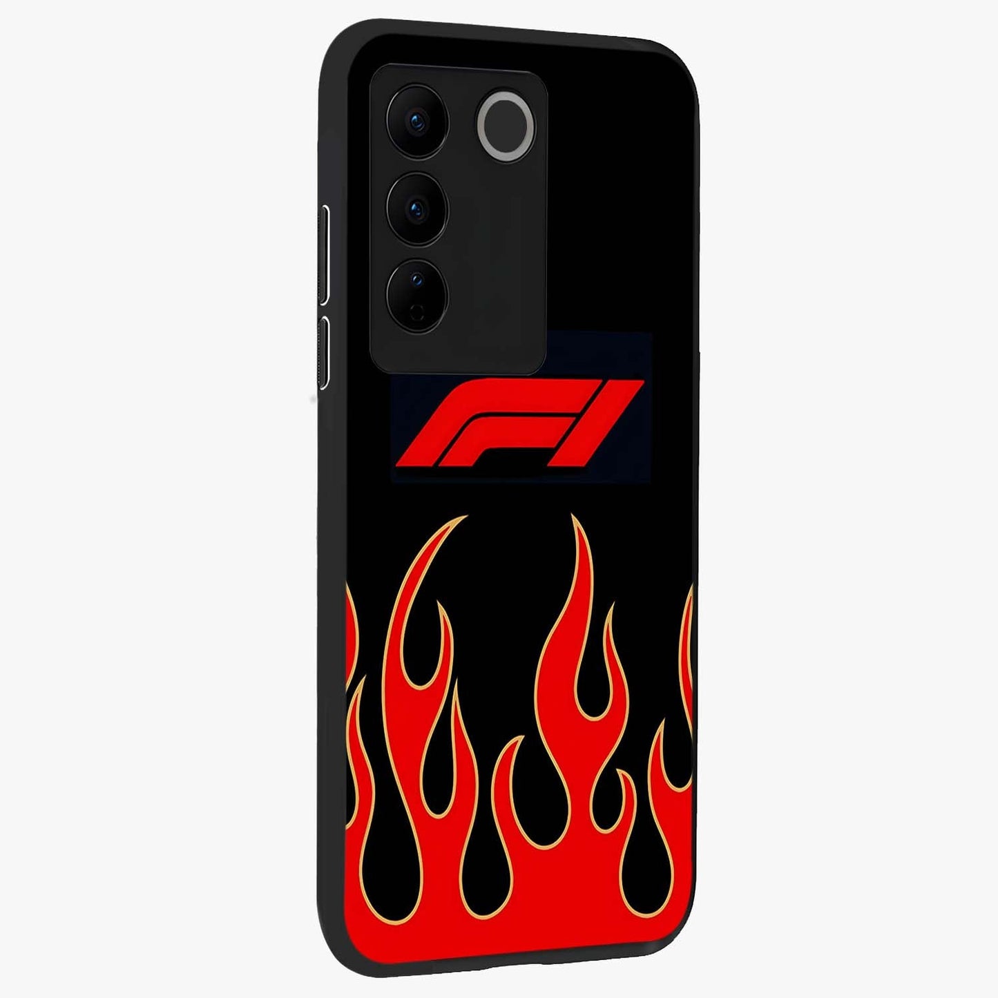 Fire F11 Glass Case upright view showcasing dynamic flame artwork with intense visual theme.