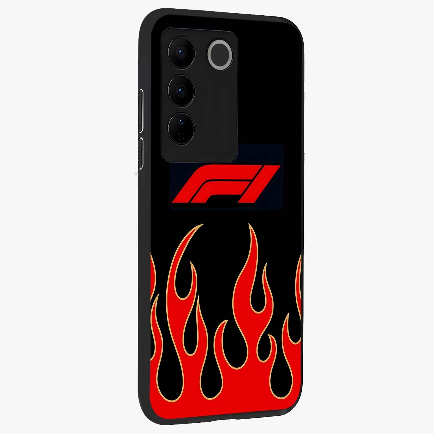 Fire F11 Glass Case upright view showcasing dynamic flame artwork with intense visual theme.