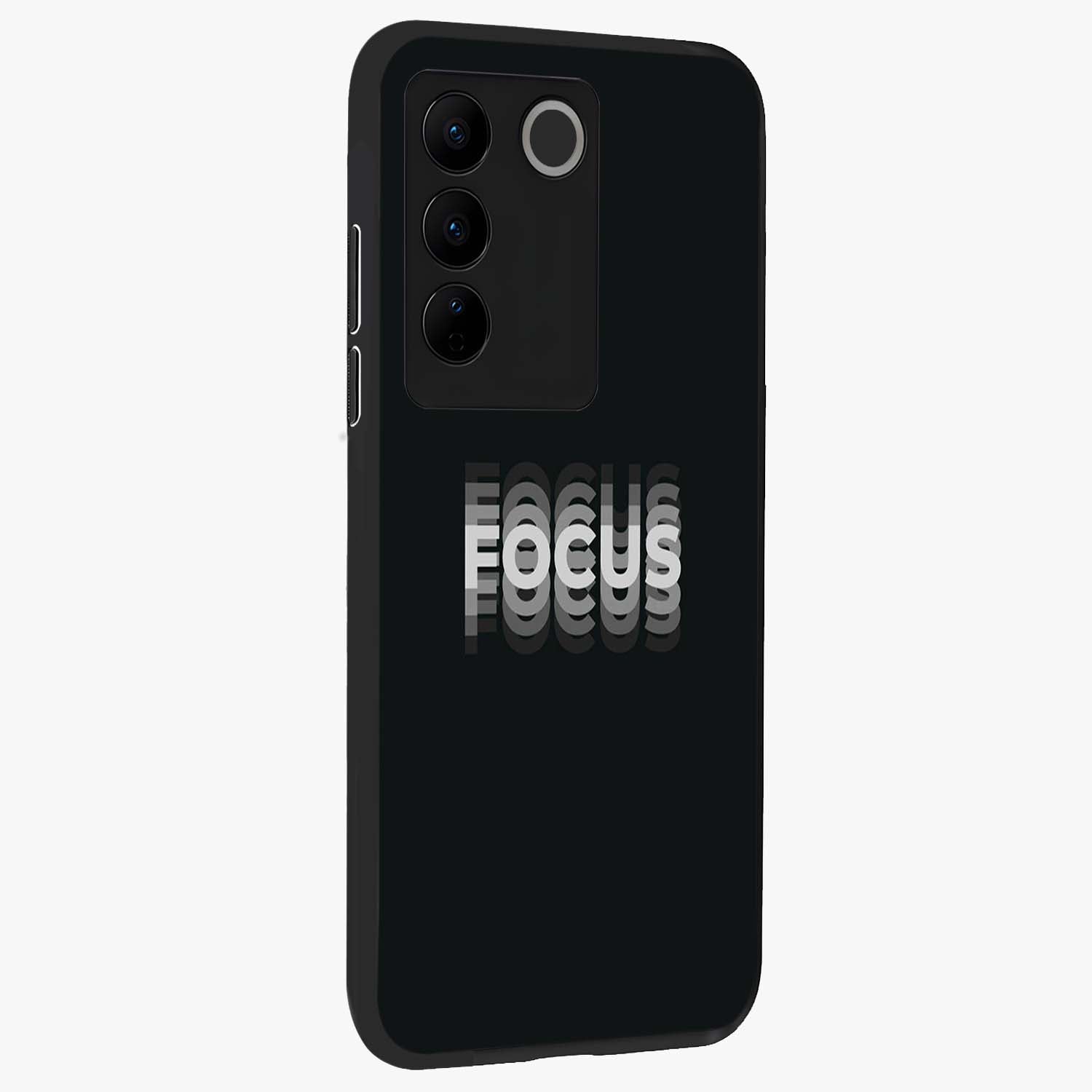 Focus Mode On Glass Case upright view showcasing strong typography statement with sleek motivational theme.