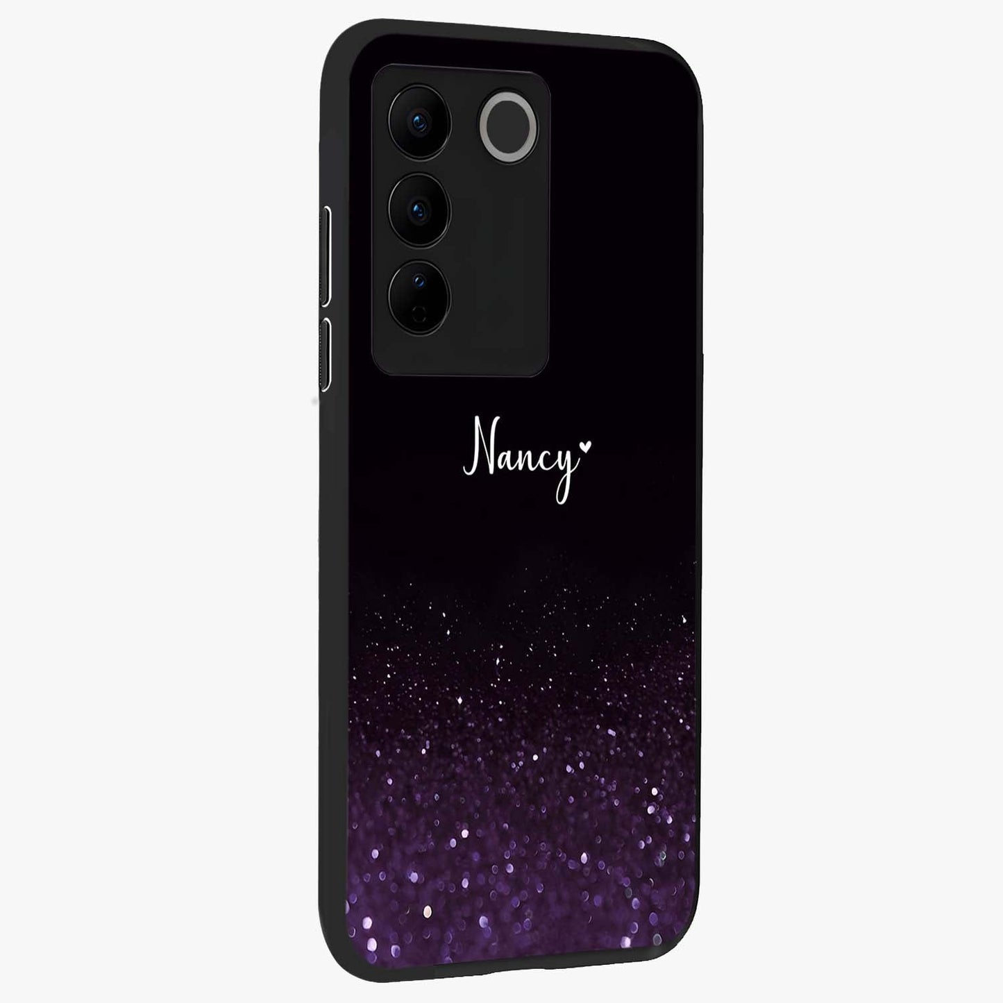Glittery Purple Bokeh Custom Name Glass Case upright view showcasing vibrant purple sparkle artwork with personalized aesthetic style.