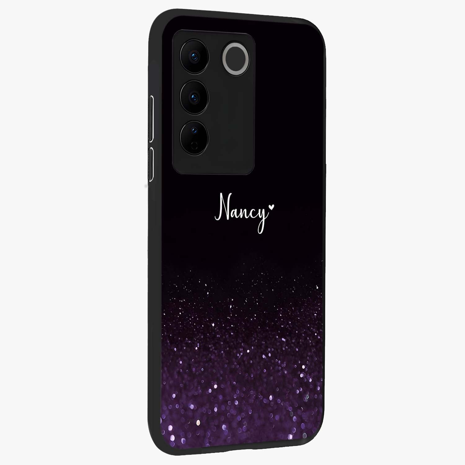 Glittery Purple Bokeh Custom Name Glass Case upright view showcasing vibrant purple sparkle artwork with personalized aesthetic style.
