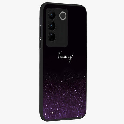 Glittery Purple Bokeh Custom Name Glass Case upright view showcasing vibrant purple sparkle artwork with personalized aesthetic style.