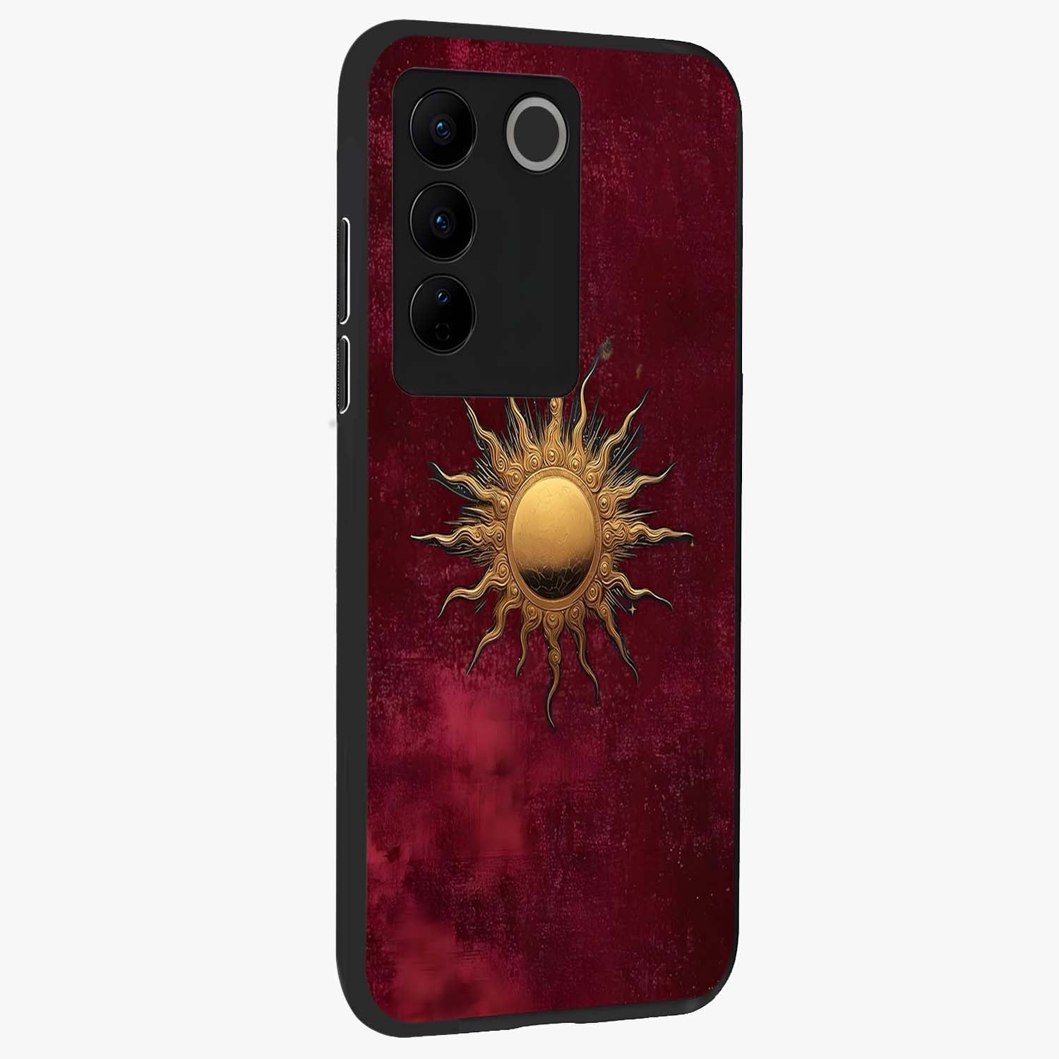 Golden Sun Minimalism Glass Case upright view showcasing simple golden sun artwork with elegant minimalist style.