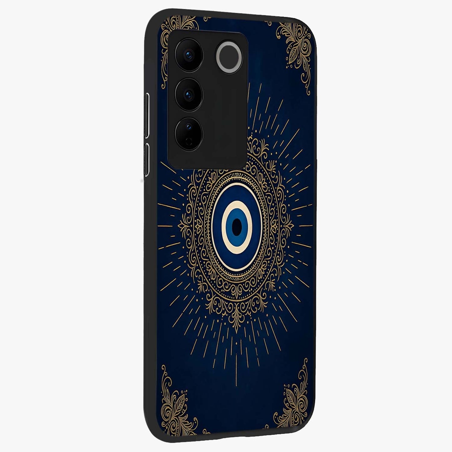 Golden Celestial Charm Glass Case upright view showcasing radiant celestial artwork with elegant golden theme.
