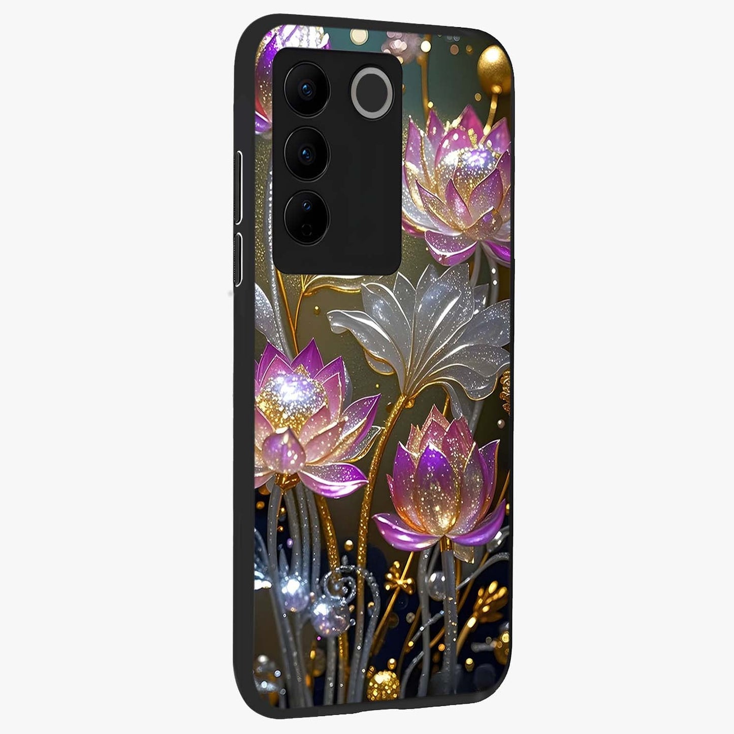 Golden Floral Majesty Glass Case upright view showcasing majestic floral artwork with rich decorative theme.