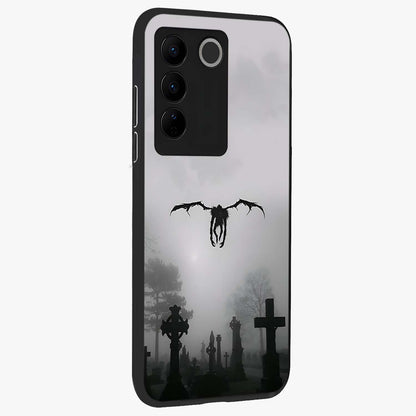 Graveyard Shadow Descent Glass Case upright view showcasing haunting graveyard artwork with dramatic dark theme.