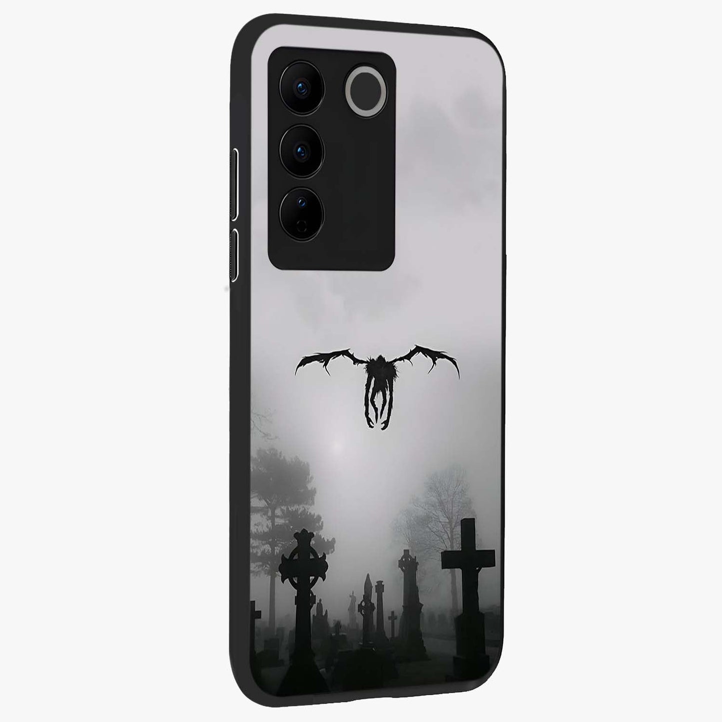 Graveyard Shadow Descent Glass Case upright view showcasing haunting graveyard artwork with dramatic dark theme.