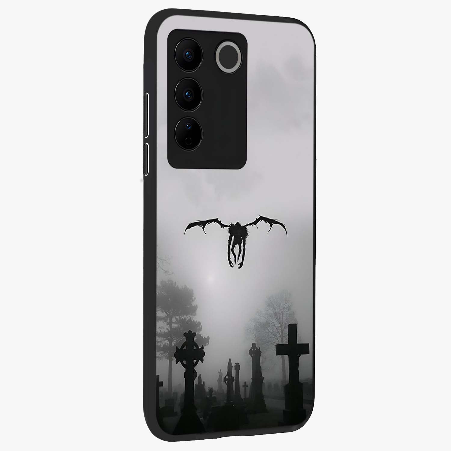 Graveyard Shadow Descent Glass Case upright view showcasing haunting graveyard artwork with dramatic dark theme.