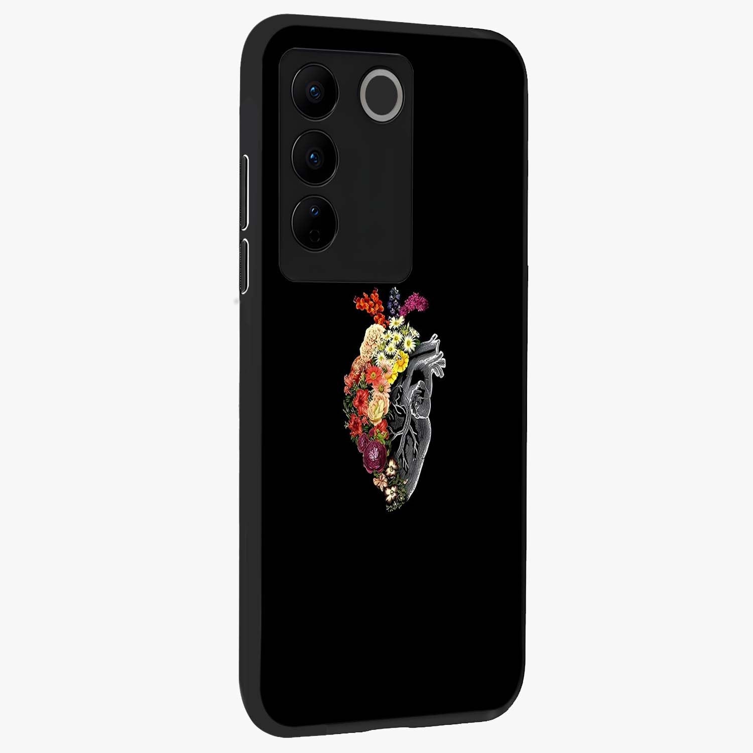 Heart With Flowers Glass Case upright view showcasing decorative heart and floral artwork with sweet romantic theme.
