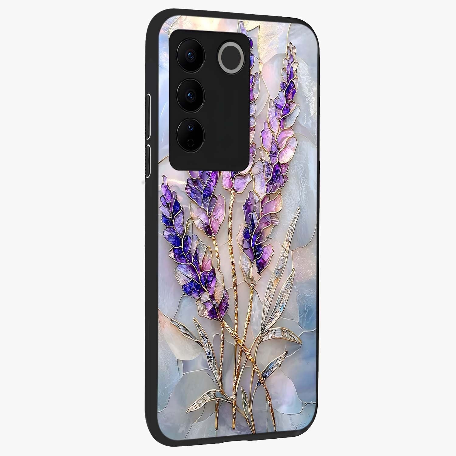 Lavender Dream Glow Glass Case upright view showcasing radiant lavender glow artwork with calming dreamy theme.