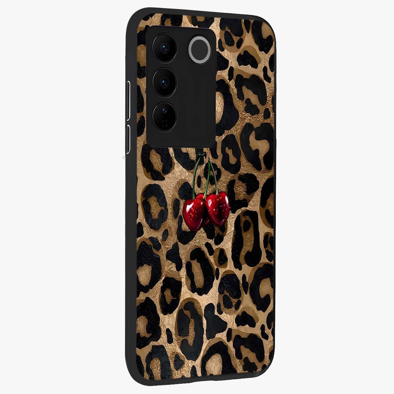 Leopard Wild Cherry Glass Case upright view showcasing stylish leopard pattern artwork with trendy fashion theme.