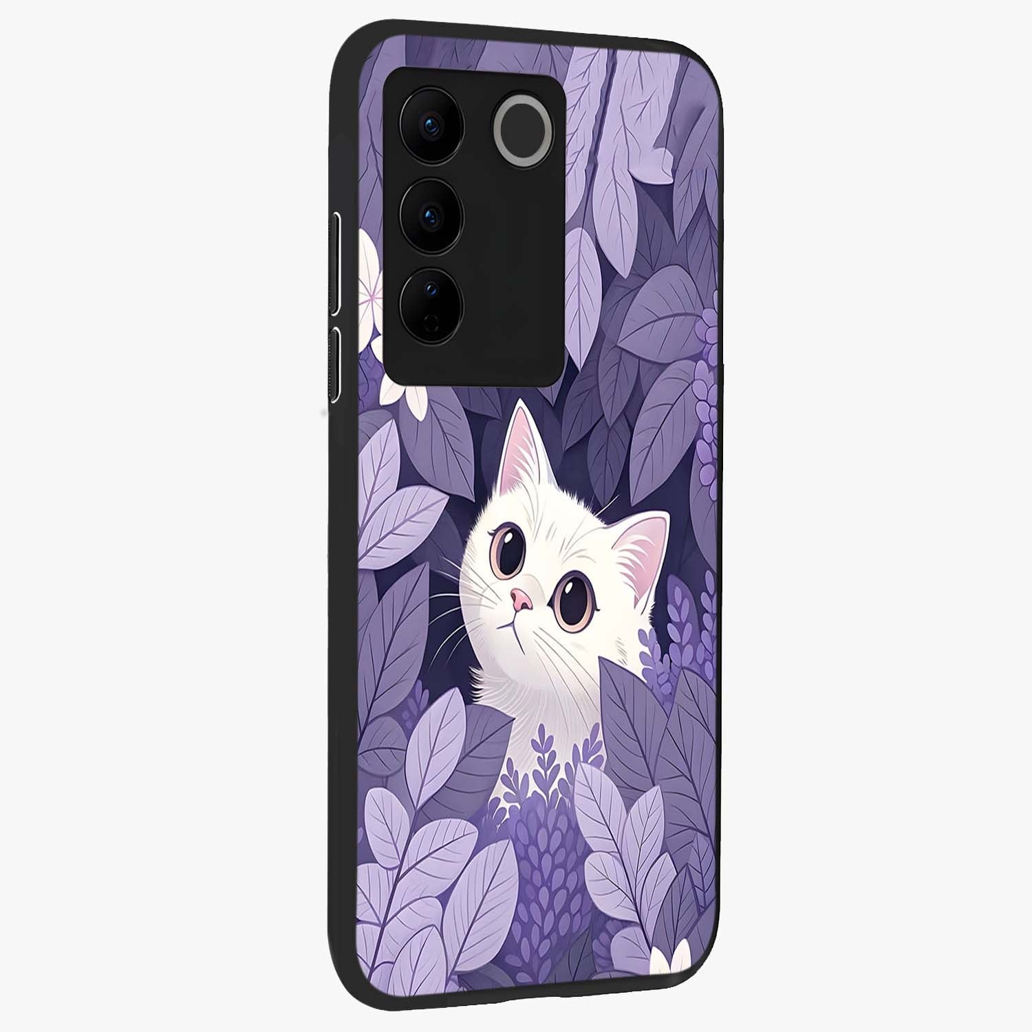 Lilac Hide Peek Cat Glass Case upright view showcasing charming cat artwork with adorable peek theme.