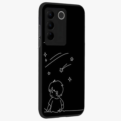 Line Art Boy With Shooting Stars Glass Case upright view showcasing artistic shooting star illustration with minimal style.