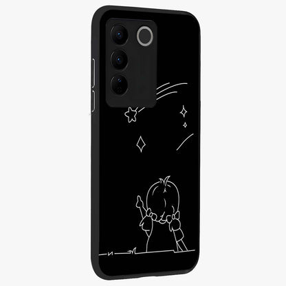 Line Art Girl With Shooting Stars Glass Case upright view showcasing delicate shooting stars artwork with minimal artistic theme.