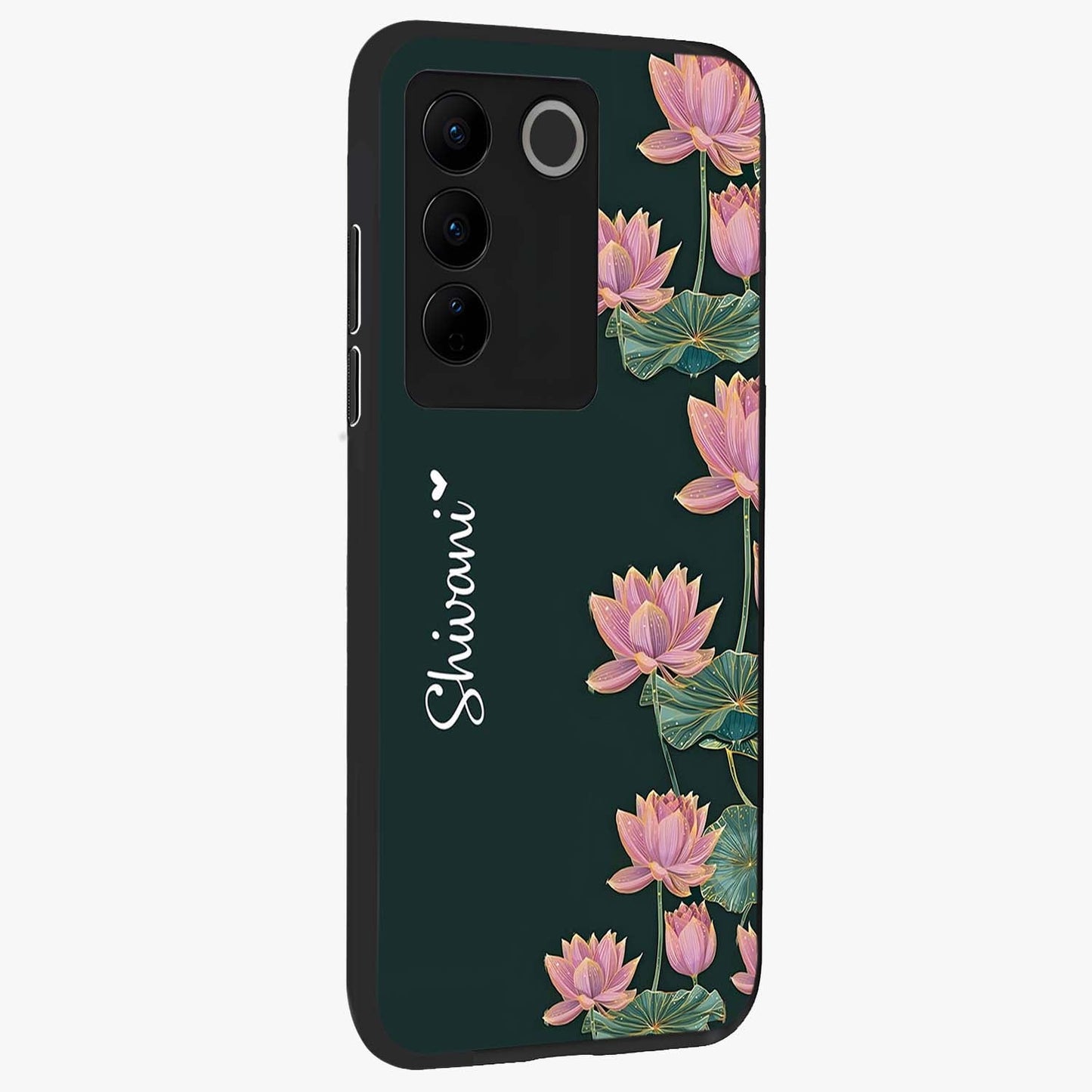 Lotus Bloom Serenity Custom Name Glass Case upright view showcasing serene lotus bloom artwork with personalized floral aesthetic.