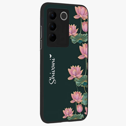 Lotus Bloom Serenity Custom Name Glass Case upright view showcasing serene lotus bloom artwork with personalized floral aesthetic.