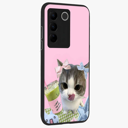 Love Matcha Cat Glass Case upright view showcasing adorable cat artwork with charming matcha themed design.
