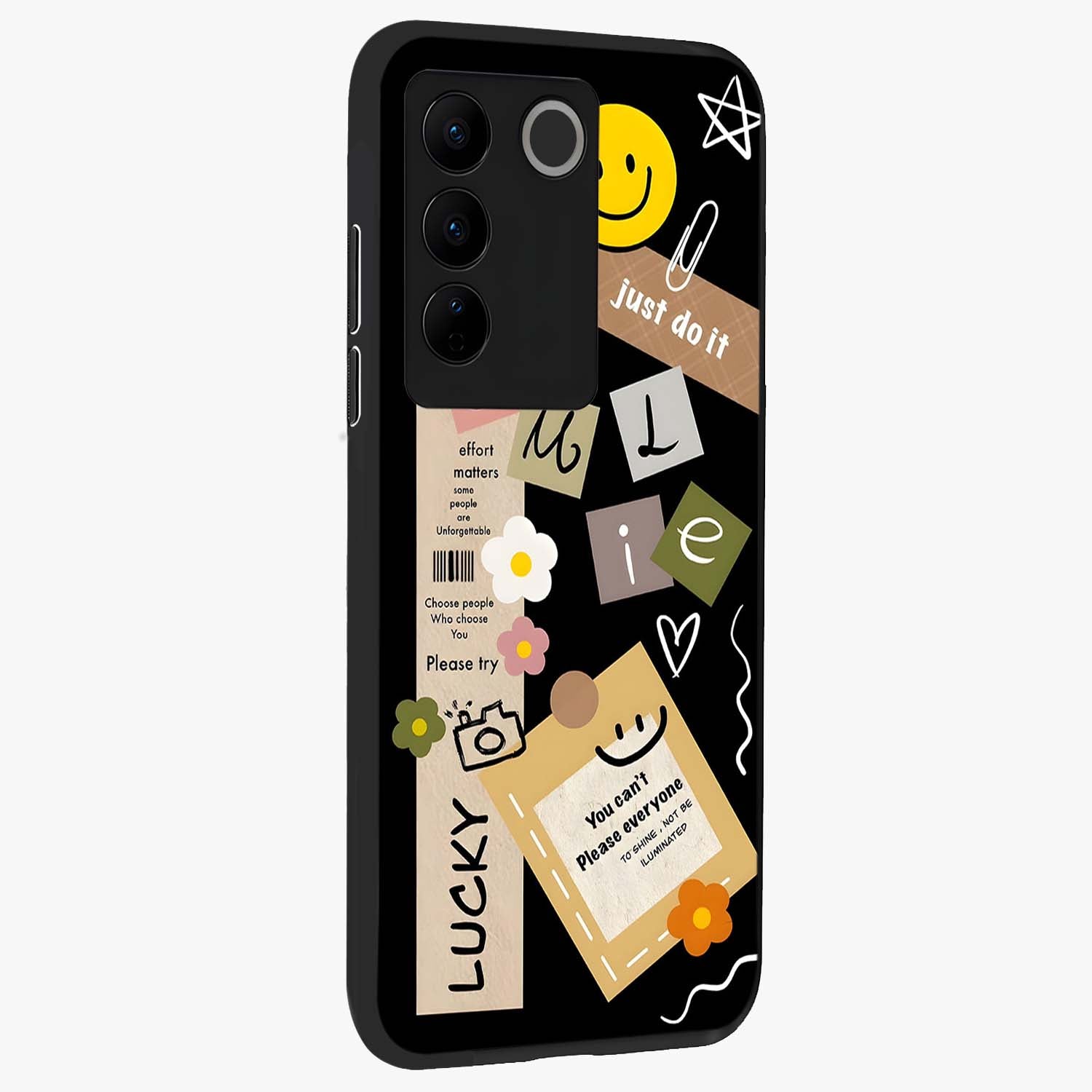 Lucky Aesthetic Collage Glass Case upright view showcasing vibrant collage artwork with youthful aesthetic theme.