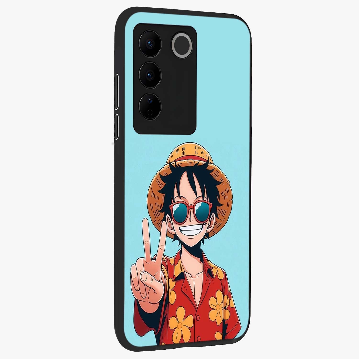Luffy Summer Anime Vibe Glass Case upright view showcasing dynamic anime artwork with bright adventurous theme.