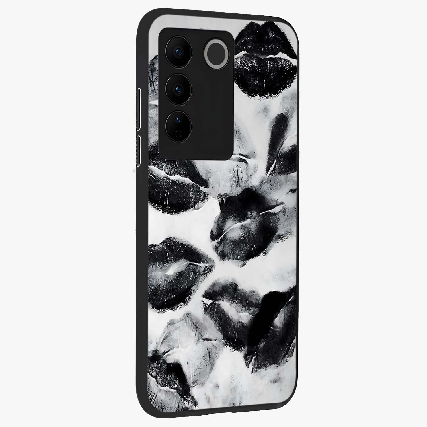 Midnight Kiss Marks Glass Case upright view showcasing stylish kiss mark artwork with trendy romantic theme.