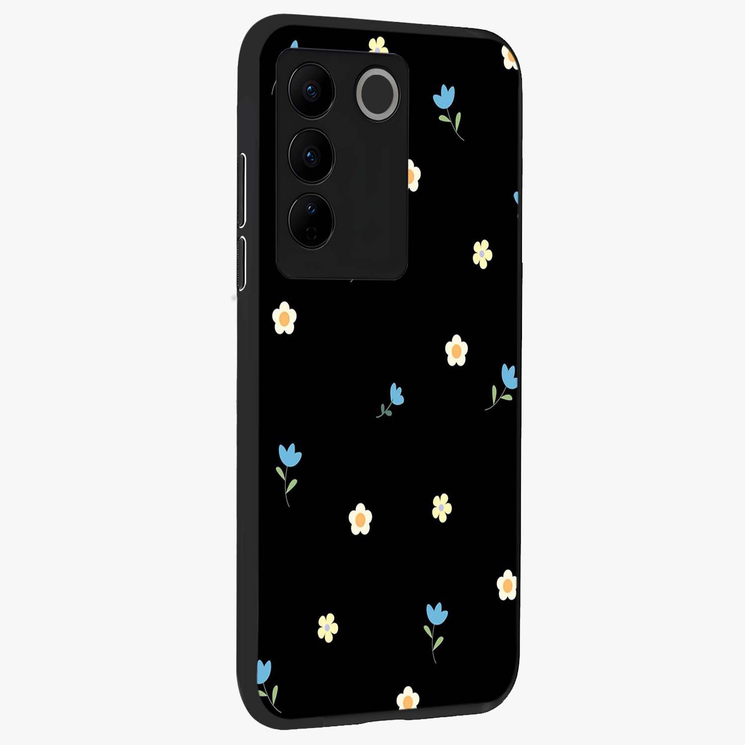 Minimal Petal Whispers Glass Case upright view showcasing elegant floral artwork with modern minimalist style.