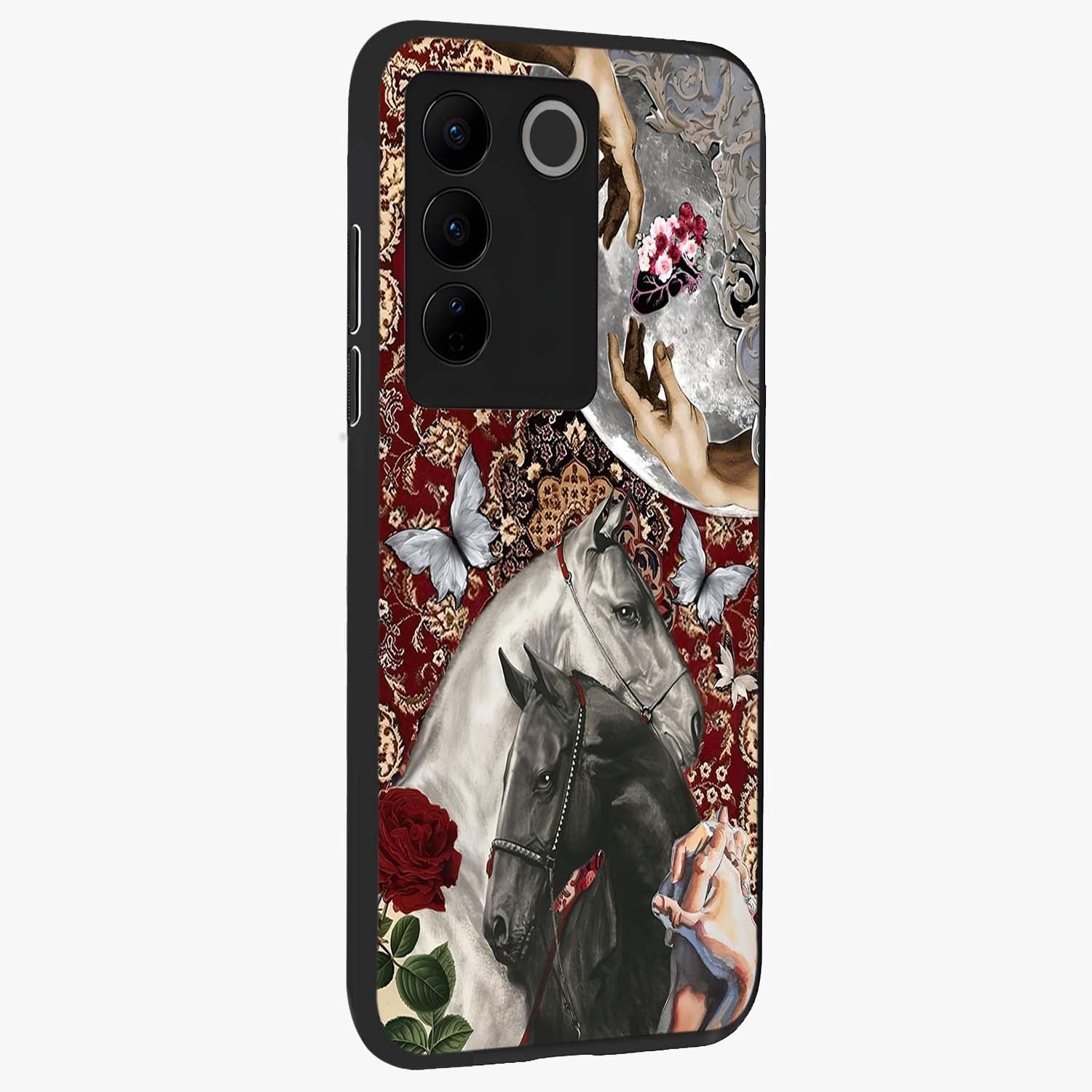 Moonlit Royal Stallion Glass Case upright view showcasing dramatic horse artwork with glowing moon themed design.
