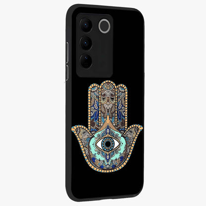 Mystic Hamsa Eye Glass Case upright view showcasing detailed hamsa eye artwork with protective spiritual theme.