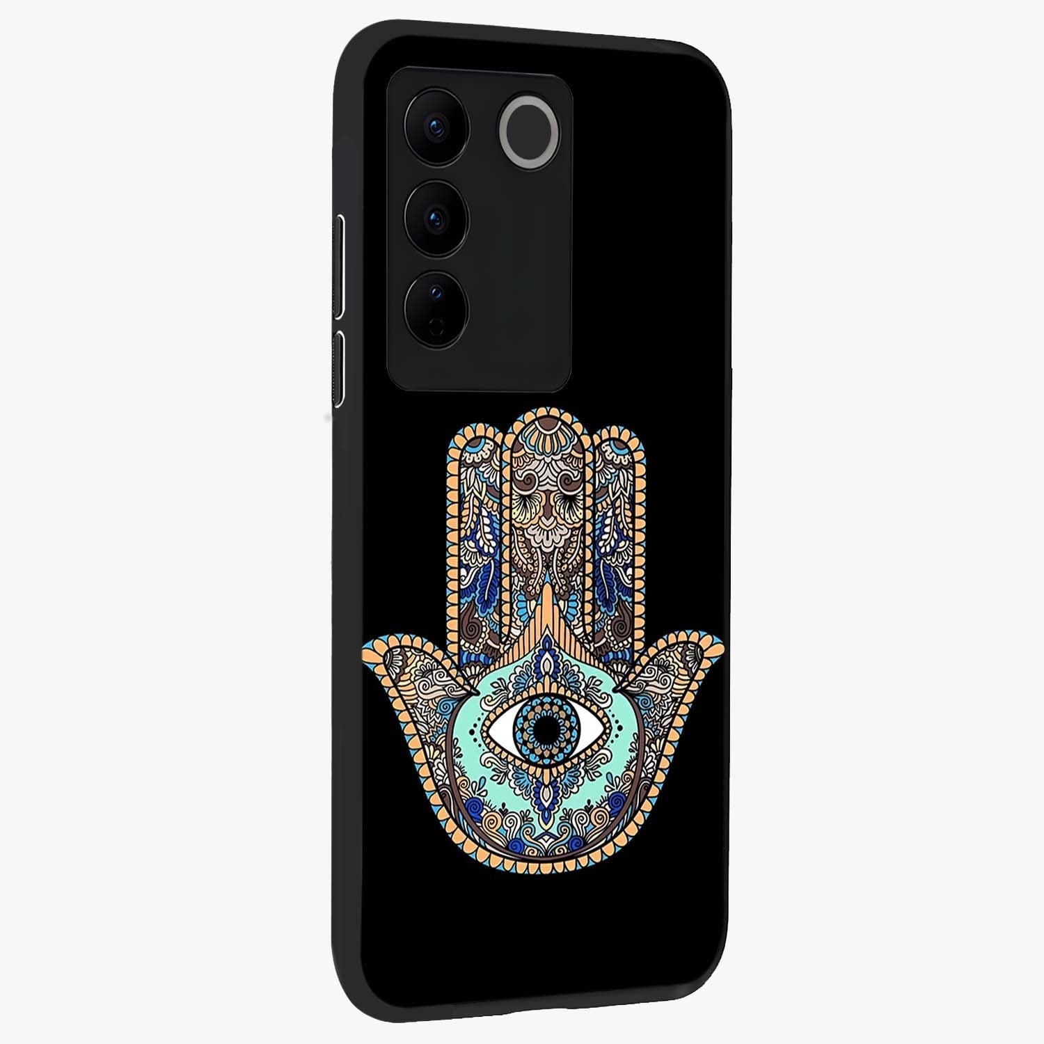 Mystic Hamsa Eye Glass Case upright view showcasing detailed hamsa eye artwork with protective spiritual theme.