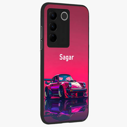 Neon Pink Porsche Glass Case upright view showcasing vibrant sports car artwork with bold automotive theme.