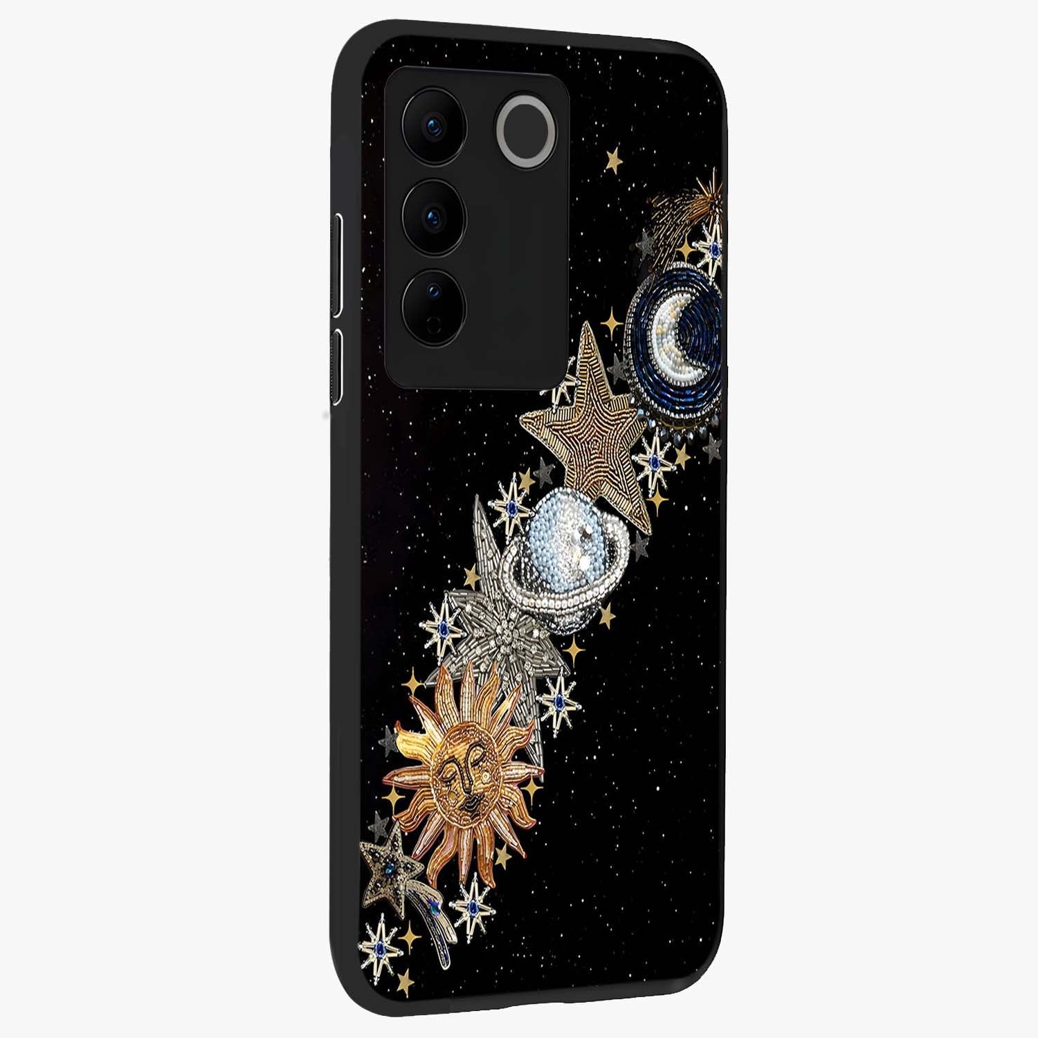 Pearls Universe Object Glass Case upright view showcasing decorative pearl themed artwork with cosmic elegance.