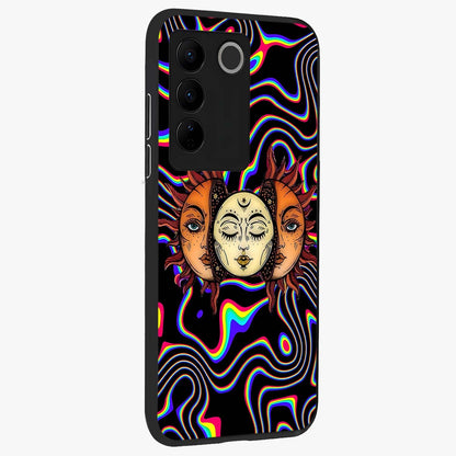 Psychedelic Sun Glass Case upright view showcasing trippy sun artwork with bold psychedelic theme.