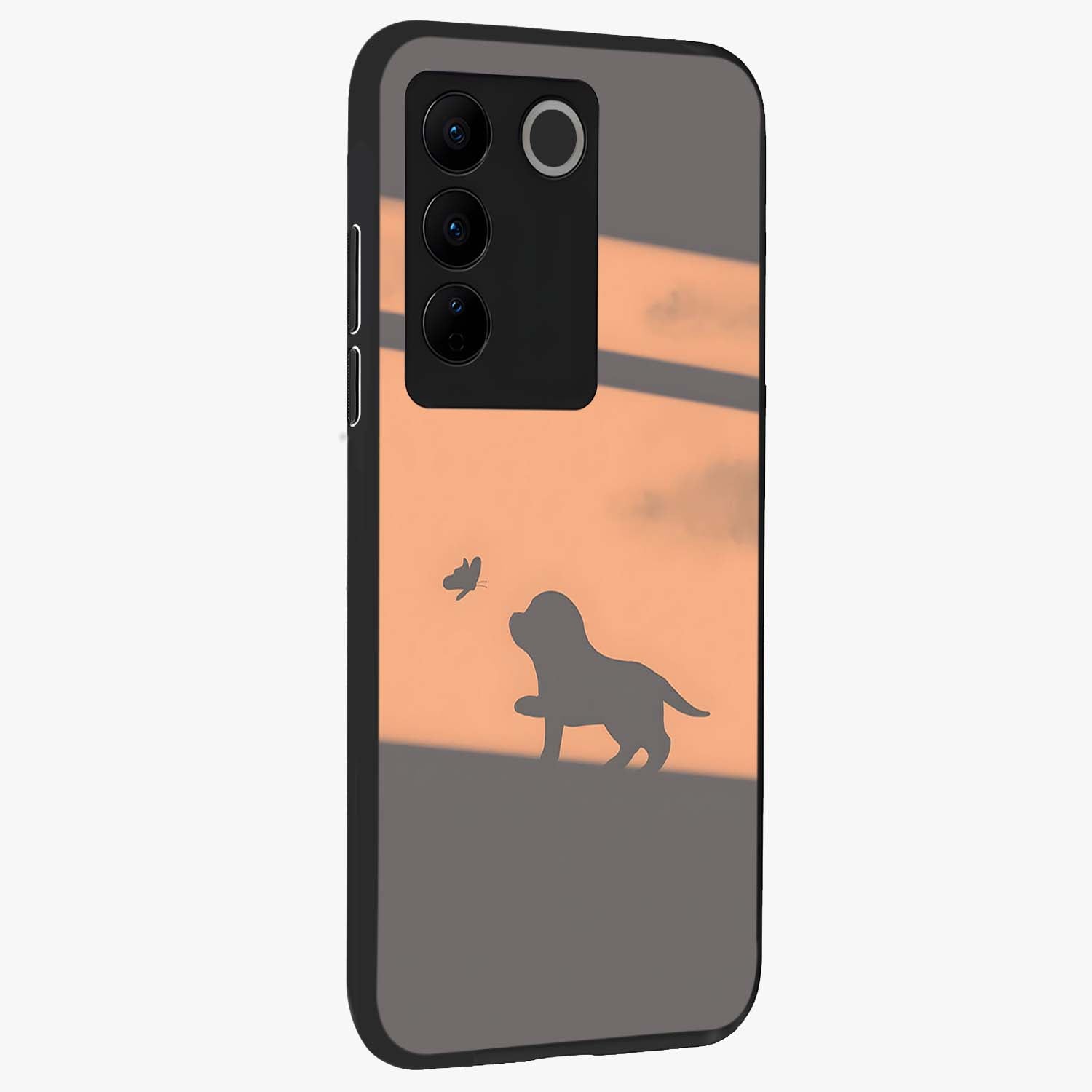 Puppy Shadow Art Glass Case upright view showcasing charming puppy artwork with creative silhouette theme.