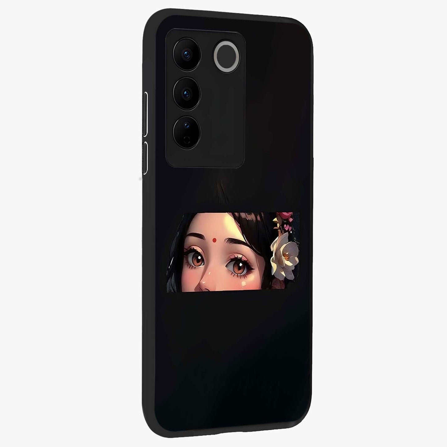 Radha Divine Embrace Glass Case upright view showcasing sacred Radha themed artwork with peaceful devotional style.