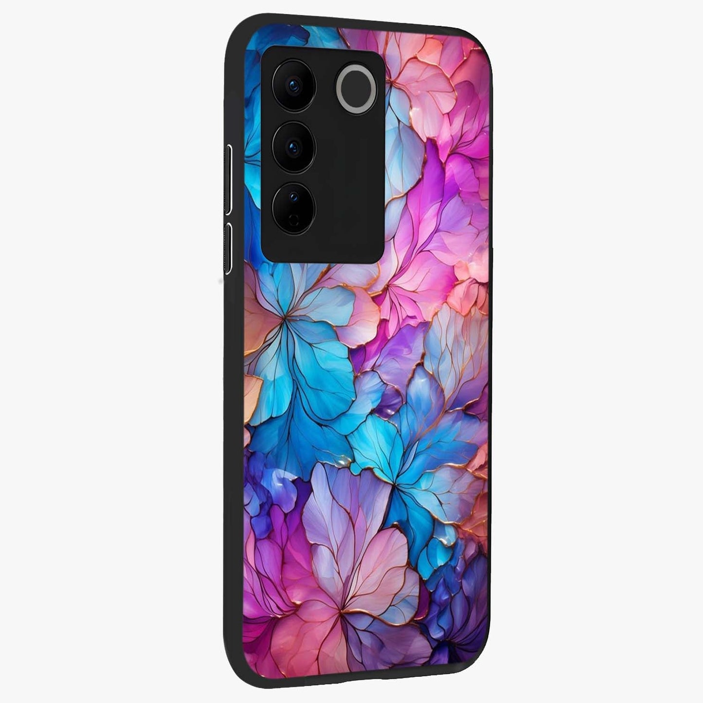 Radiant Floral Whirl Glass Case upright view showcasing lively floral artwork with decorative swirl theme.