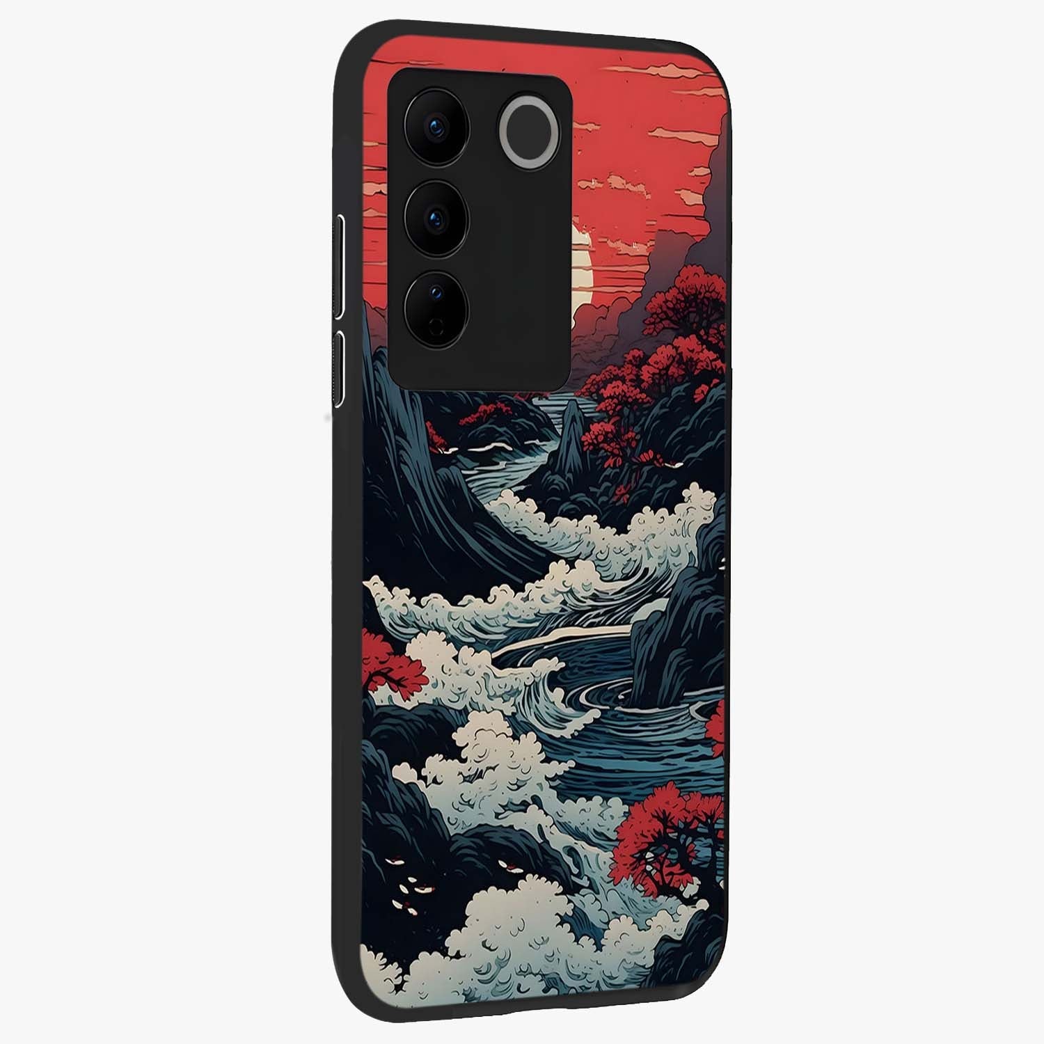 Red Sunset Scenery Glass Case upright view showcasing dramatic sunset scenery artwork with warm nature theme.
