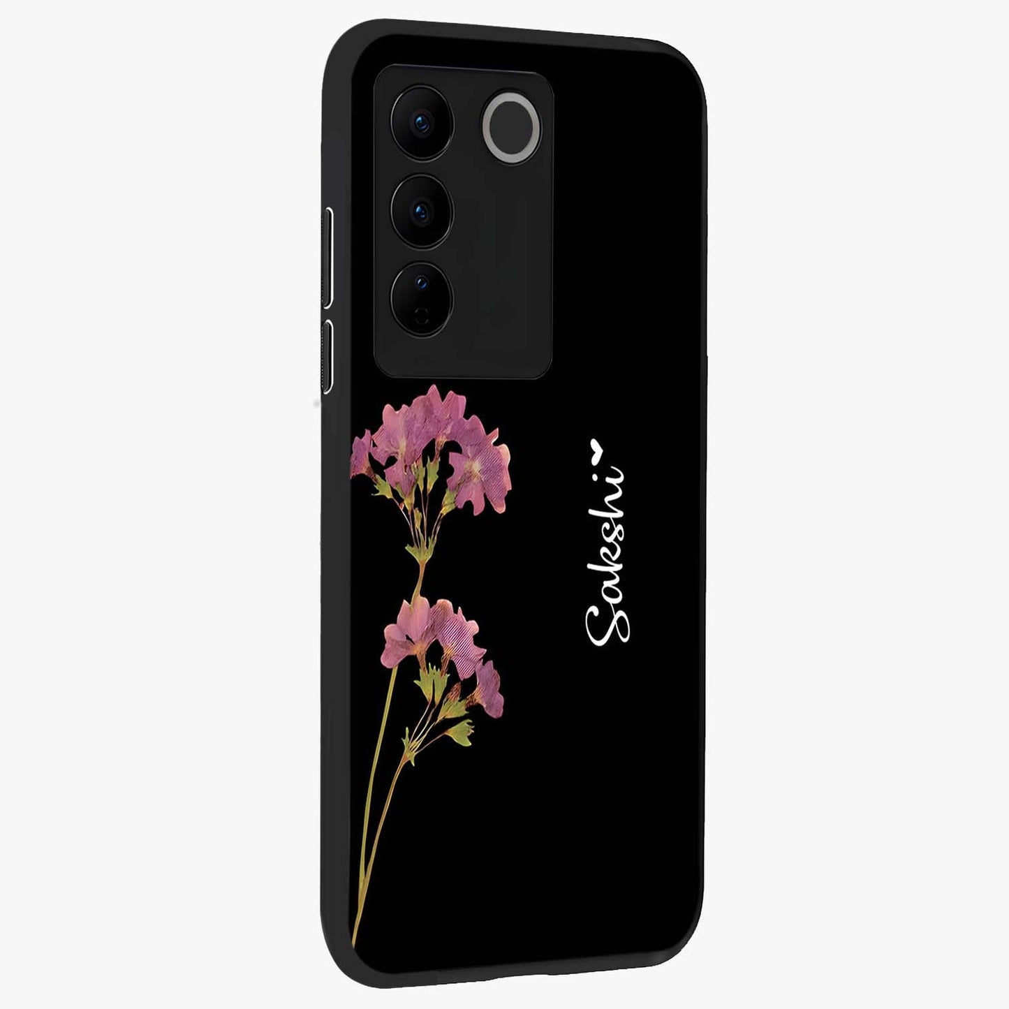 Riching Lavender Flower Custom Name Glass Case upright view showcasing elegant lavender floral artwork with personalized aesthetic.