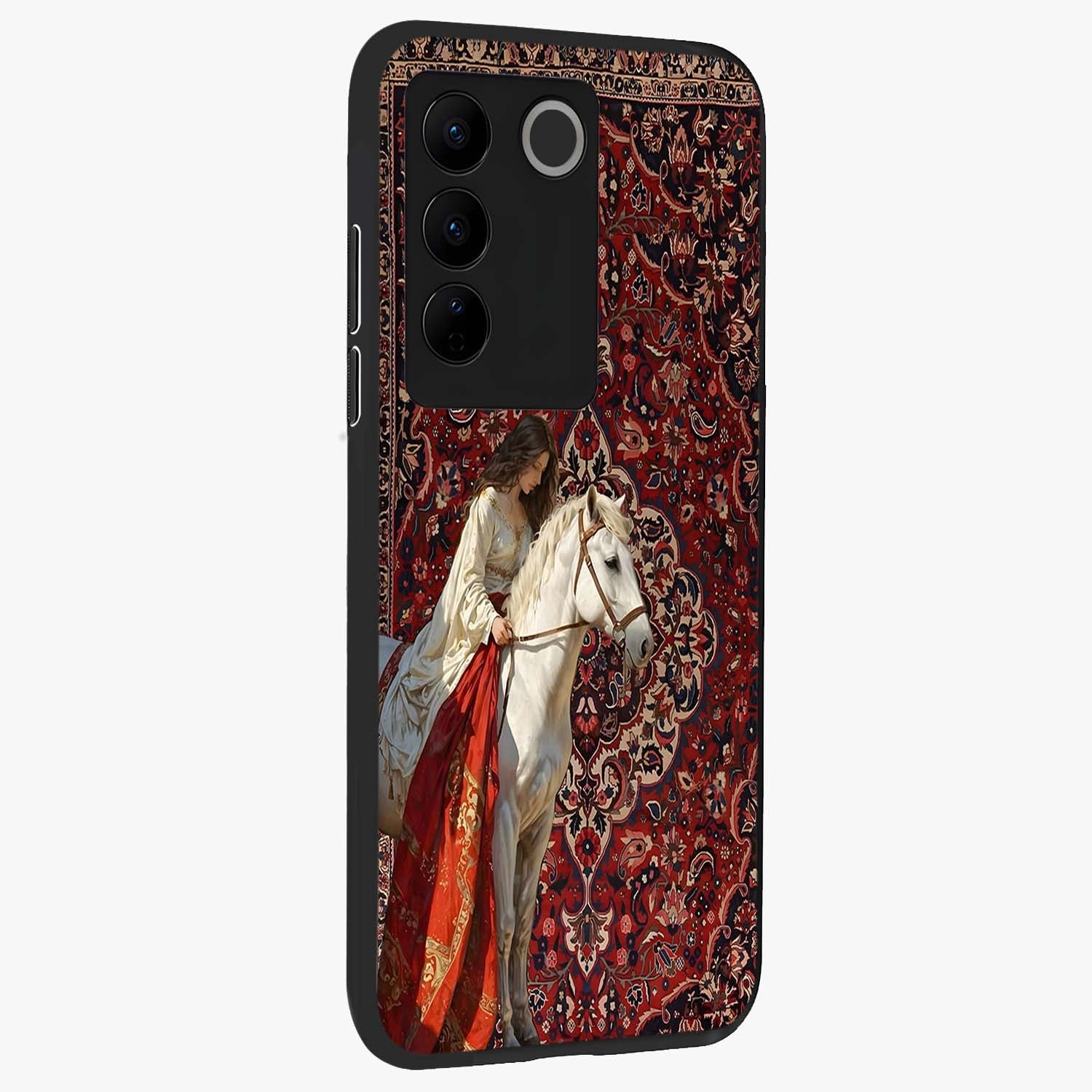 Royal Rider Tapestry Glass Case upright view showcasing detailed rider artwork with classic tapestry theme.