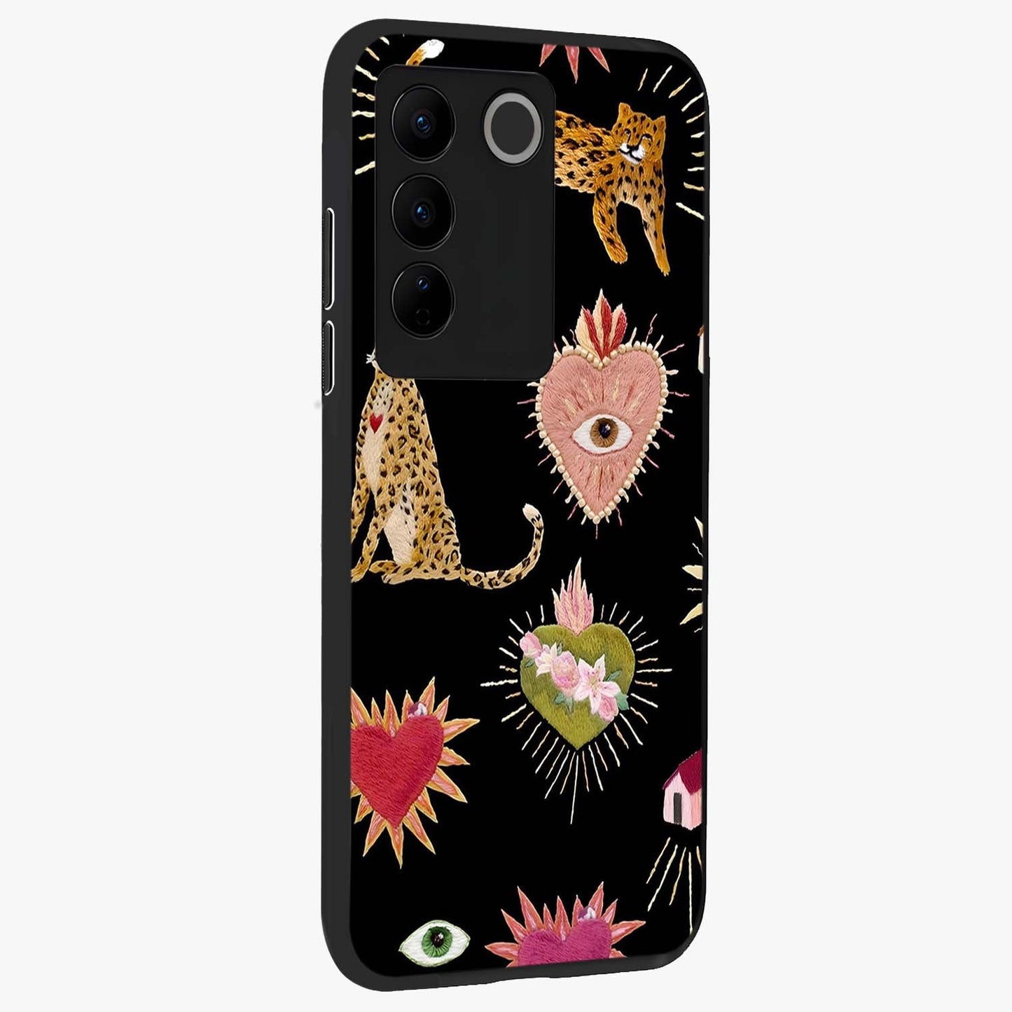Sacred Jungle Heart Glass Case upright view showcasing vibrant jungle artwork with symbolic heart theme.