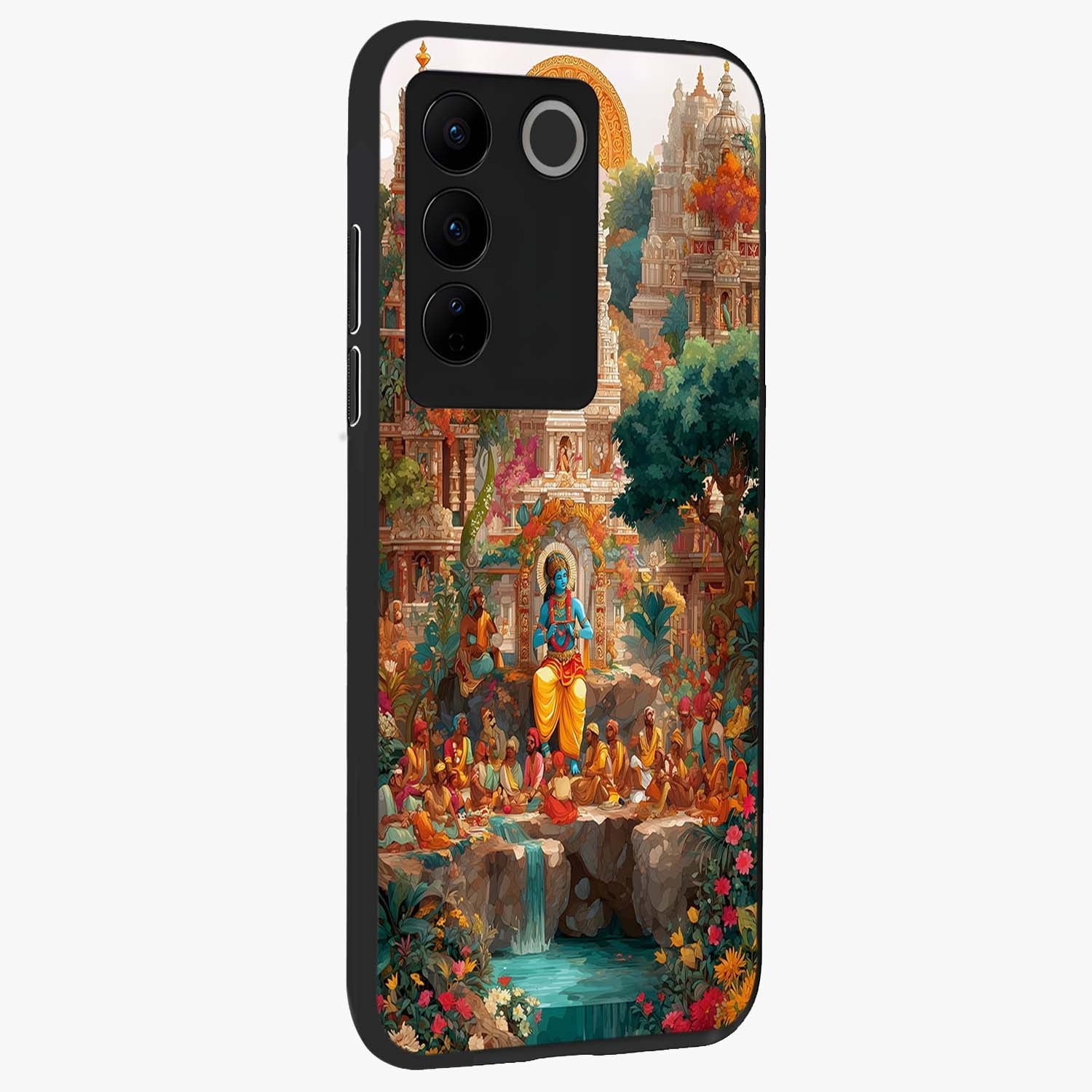 Sacred Sunlight Gods Glass Case upright view showcasing glowing divine artwork with sacred mythological theme.