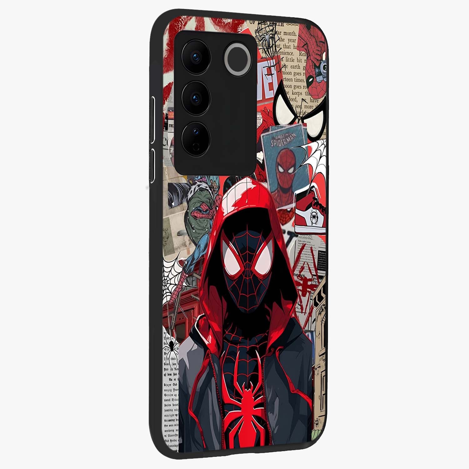Spider Collage Street Glass Case upright view showcasing bold superhero artwork with urban street theme.