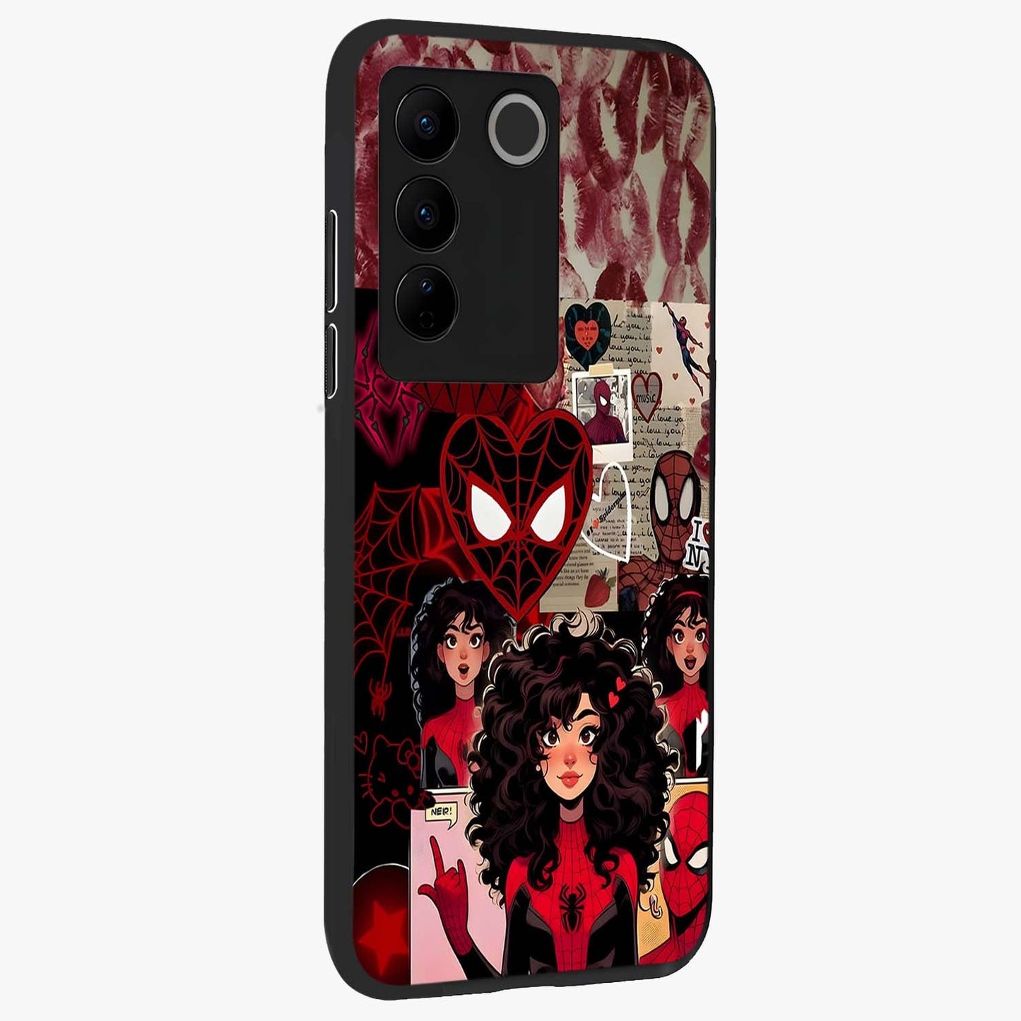Spider Love Story Glass Case upright view showcasing charming superhero artwork with romantic comic theme.